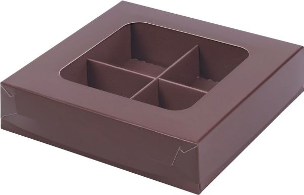 коробка бум. 120х120х30 для 4 конфет шоколад матовая с окном